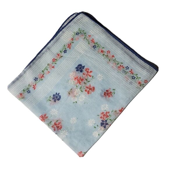 VINTAGE 1960'S WOMENS HANKIE BLUE FLORAL PINK FLOWERS POCKET SCARF BRIDAL BRIGHT - Picture 1 of 12